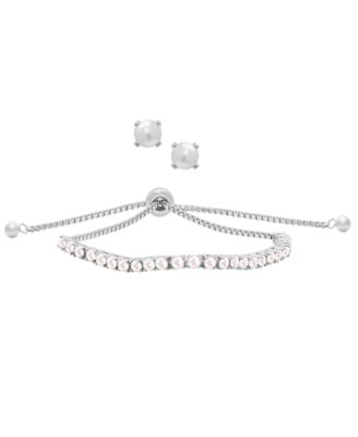 Round Simulated Gemstone Adjustable Tennis Bolo Bracelet with Matching Stud Earrings 2-Piece Set