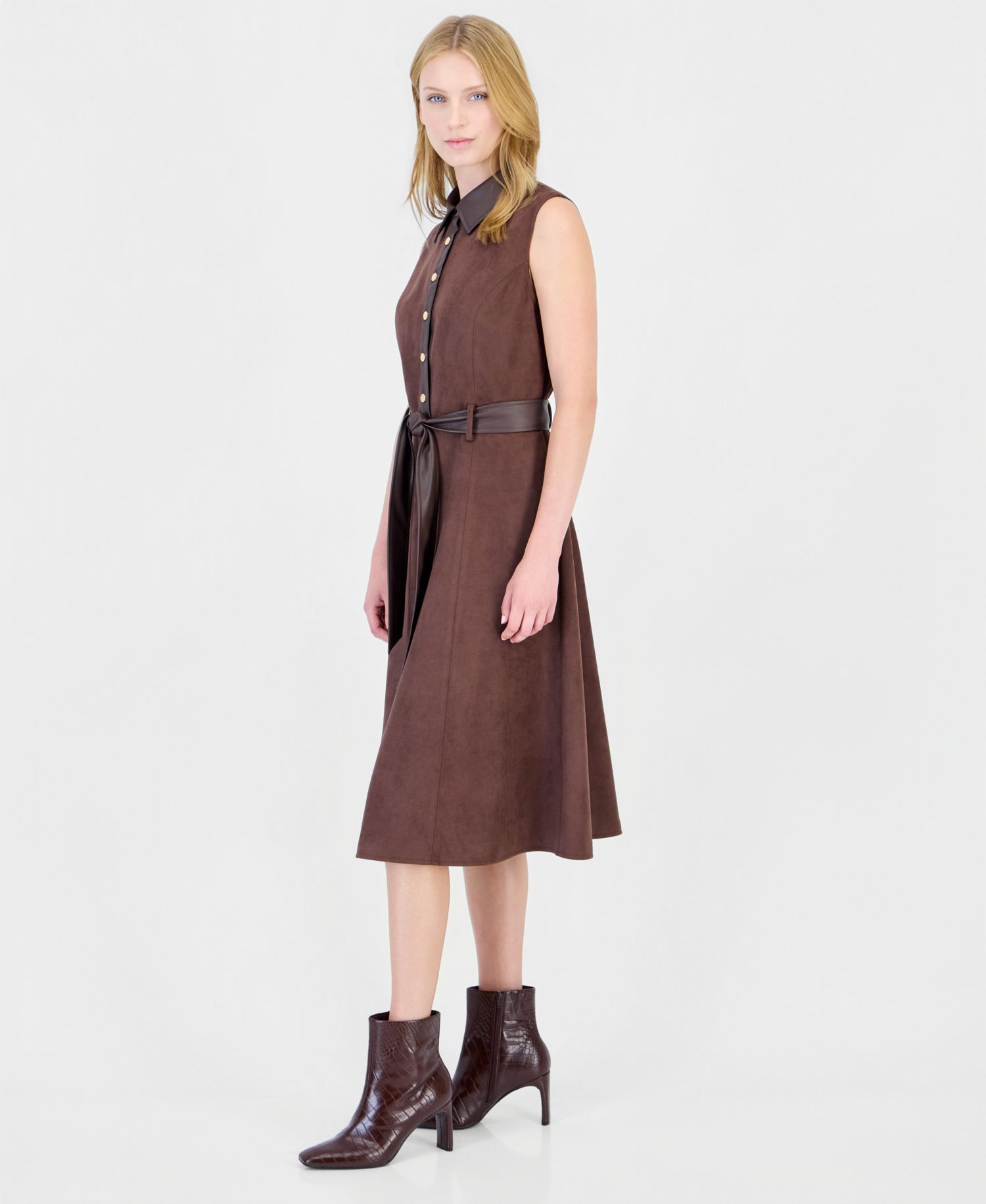 Women's Fit-and-Flare Collared Sleeveless Faux Suede Midi Dress