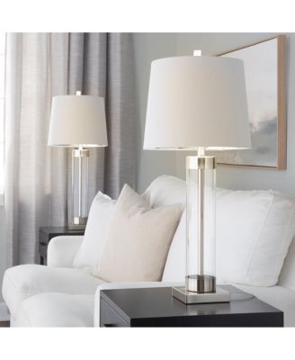 30" Contemporary Glass Table Lamp in Clear Glass and Brushed Nickel with White Linen Shade from Grandview Gallery - Set of 2