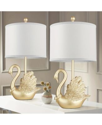24" Two-piece Set of Table Lamps: Golden Brass Swan Table Lamps with LED Bulbs