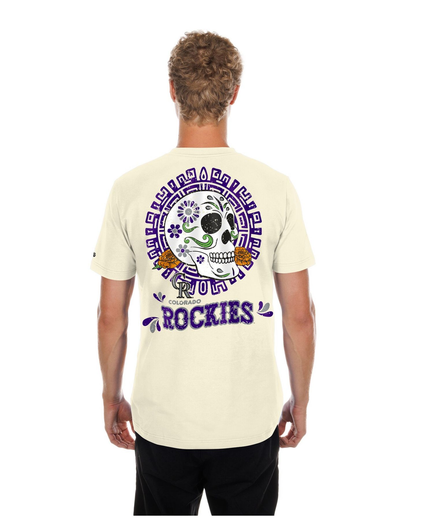 Men's Natural Colorado Rockies Dia de los Muertos Sugar Skull T-Shirt