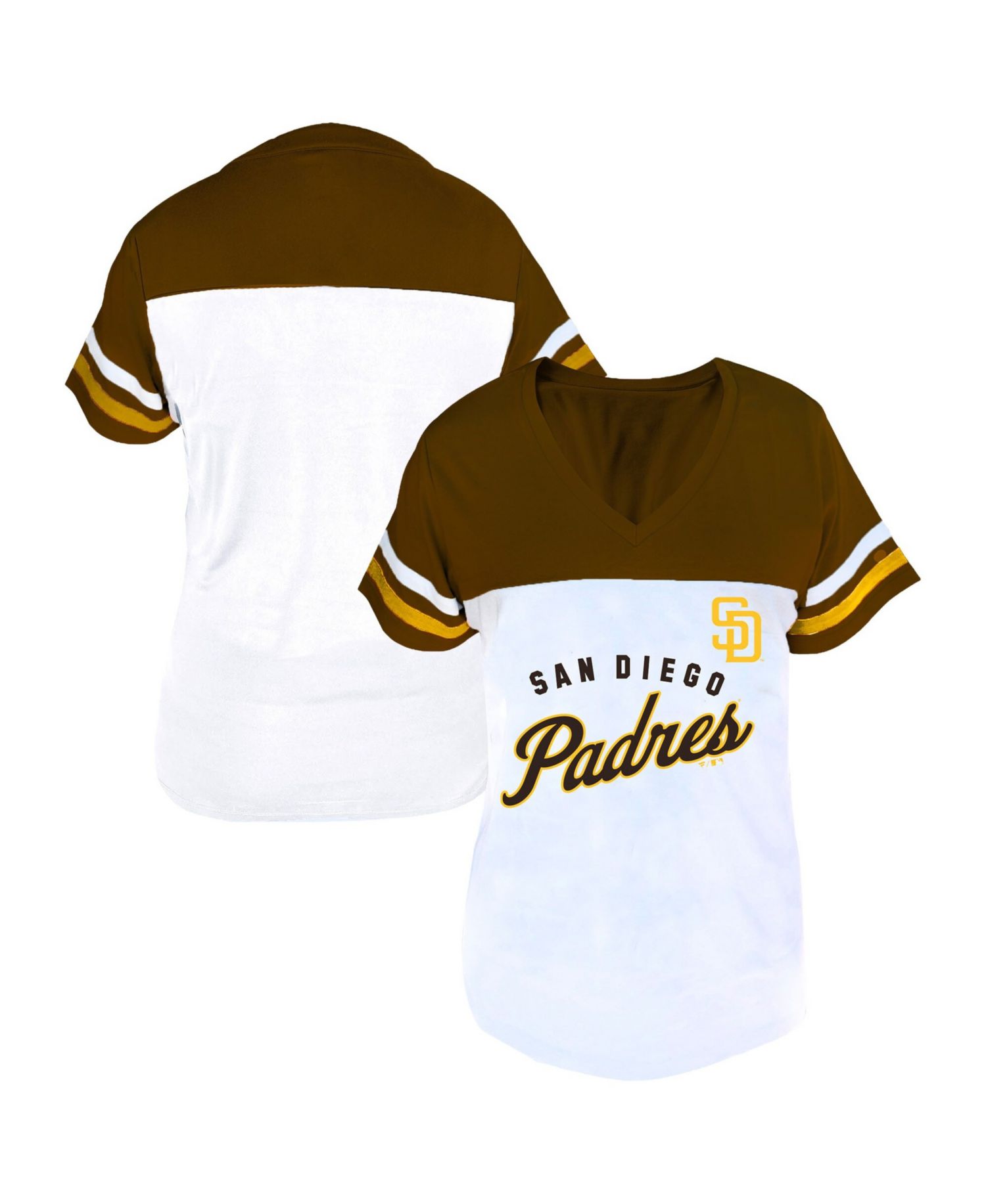Women's Profile White/Brown San Diego Padres Plus Size Two-Stripe V-Neck T-Shirt