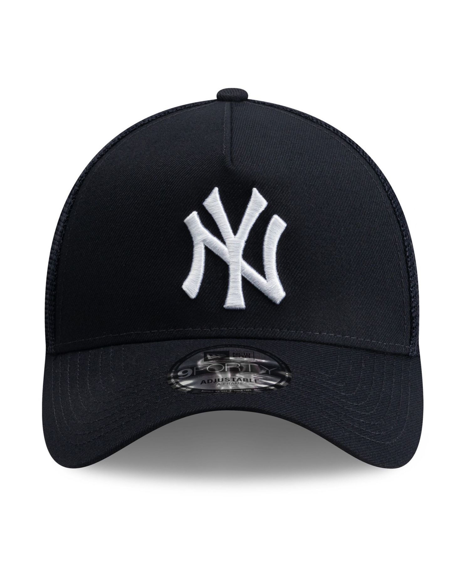 Men's Navy New York Yankees Side Script 9FORTY A-Frame Trucker Adjustable Hat