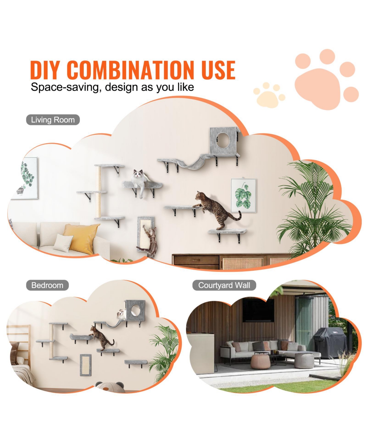 Vevor Wall Mounted Cat Shelves Tree with Jump Boards Hammock Sofa Grip Set of 6