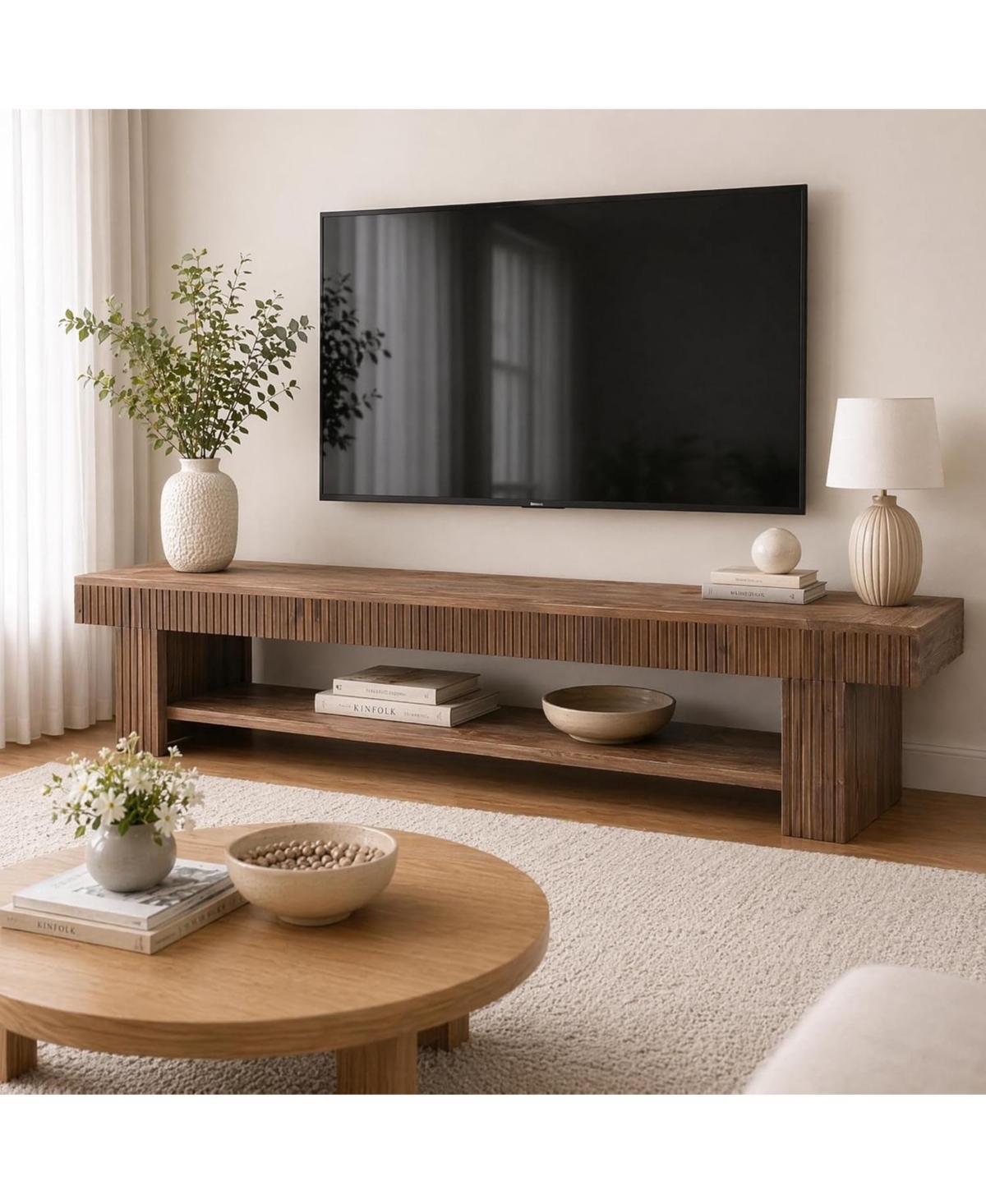 Tribesigns 71" Fluted Solid Wood Tv Stand: Rustic farmhouse media console with shelf. Long low Tv cabinet for living room, bedroom. - Dark brown