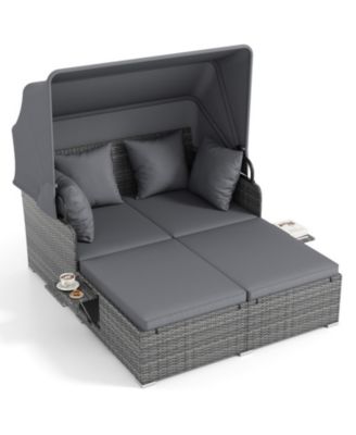 Outdoor Rattan Daybed with Retractable Canopy and Folding Side Trays