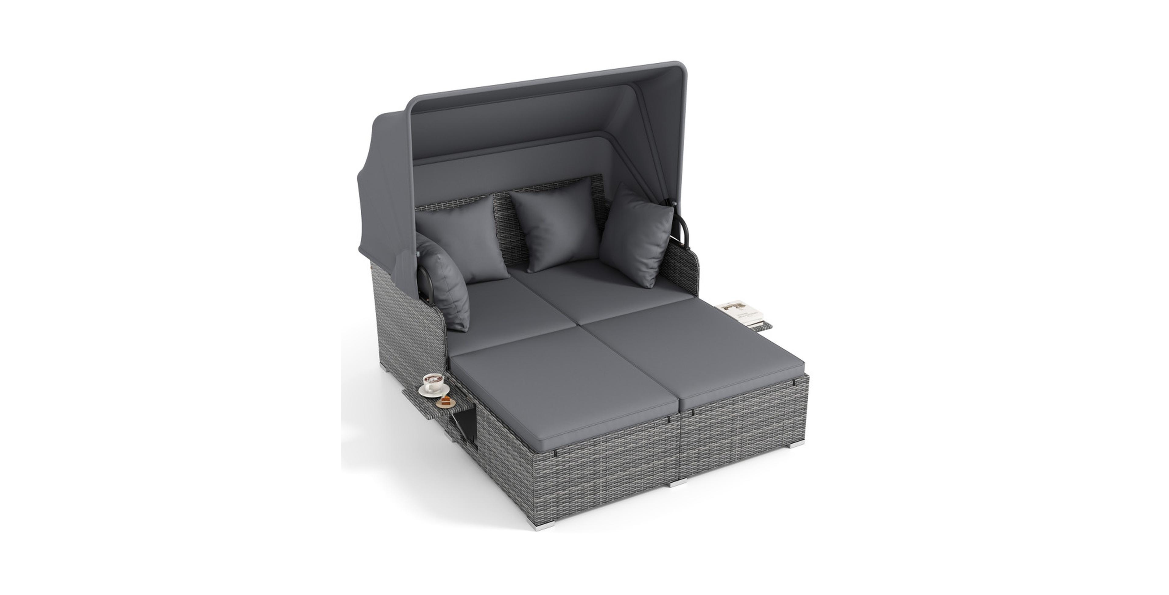 Sugift Outdoor Rattan Daybed with Retractable Canopy and Folding Side Trays