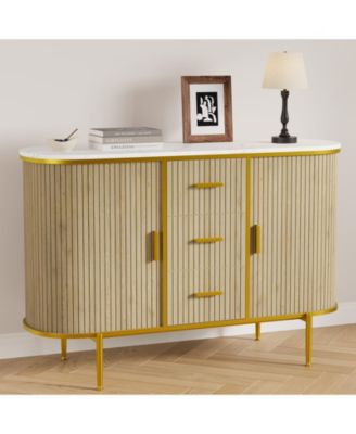 Mid Century Fluted Buffet Cabinet with Faux Marble Top Coffee Bar Console Table for Kitchen Living Room