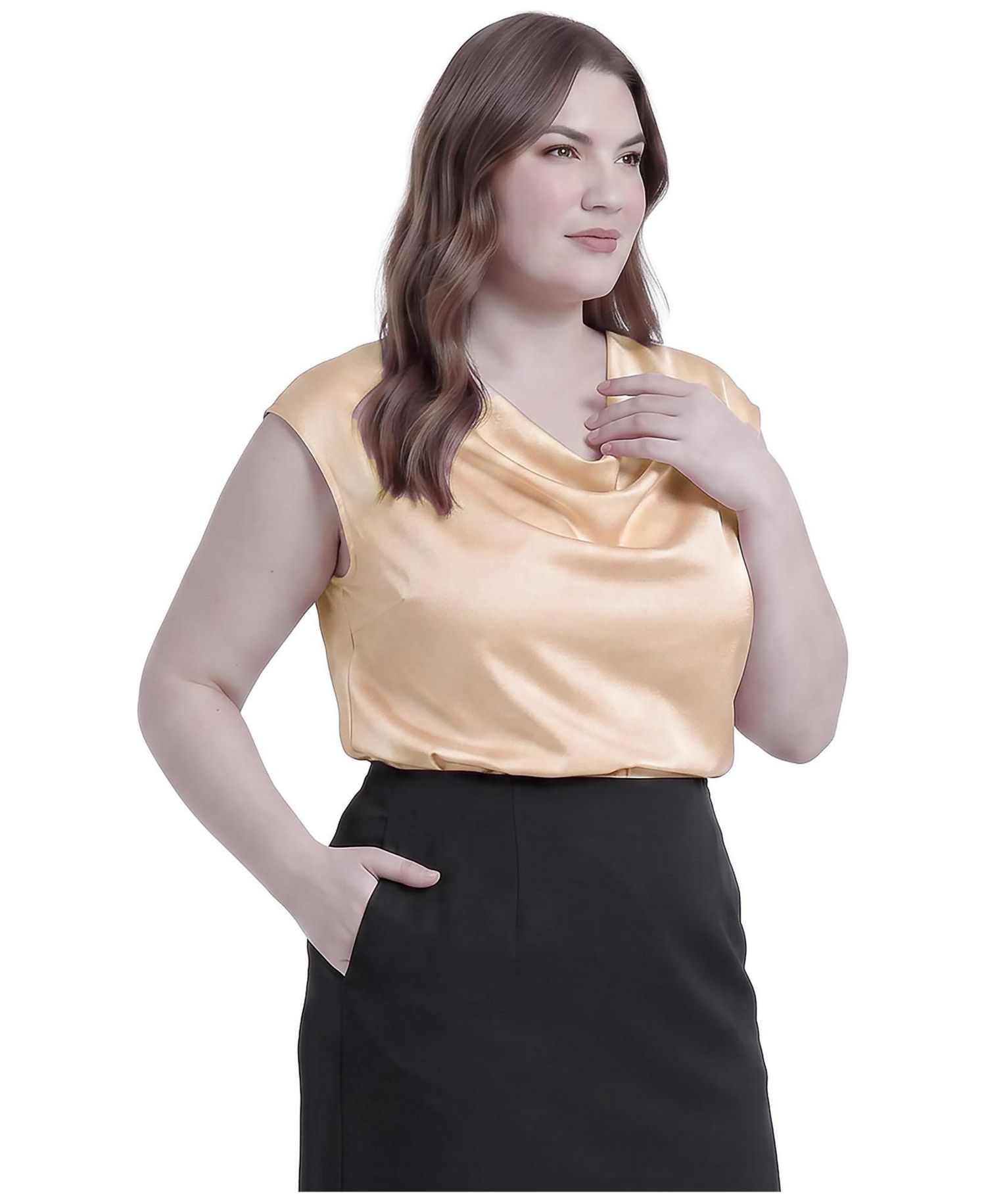 Plus Size Cowl Neck Cap Sleeve Satin Blouse