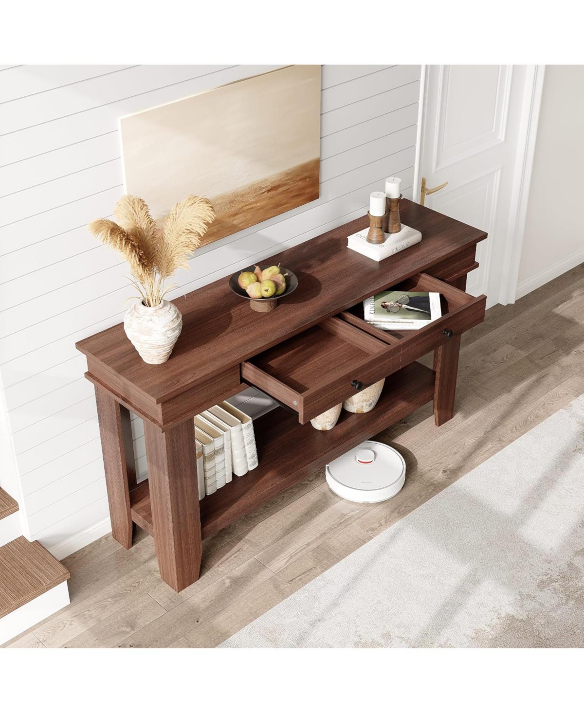 gaomon 54" Farmhouse Console Table with Drawers, Wooden Entryway Table with Storage Shelf for Living Room