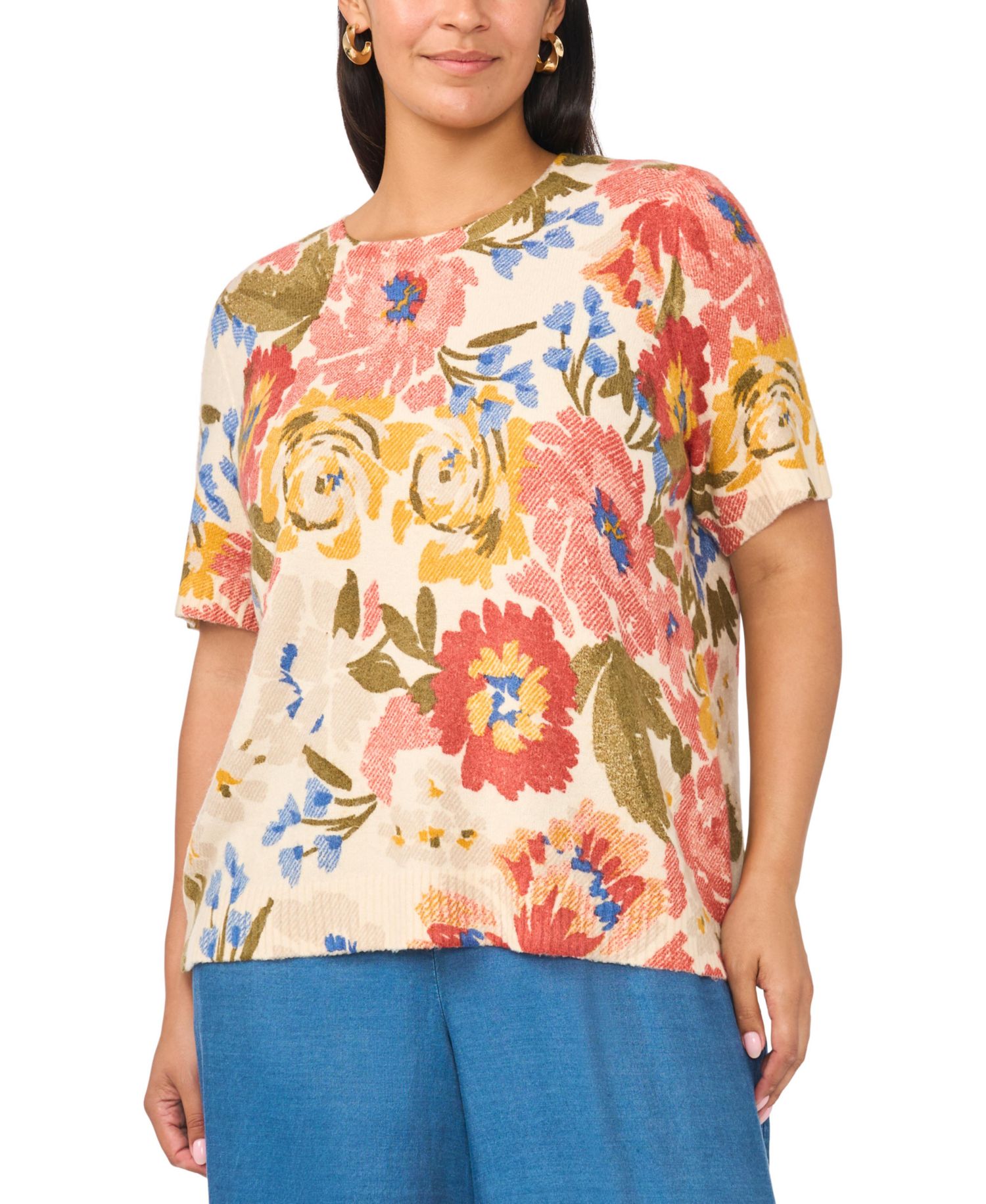 Plus Size Short-Sleeve Crewneck Sweater