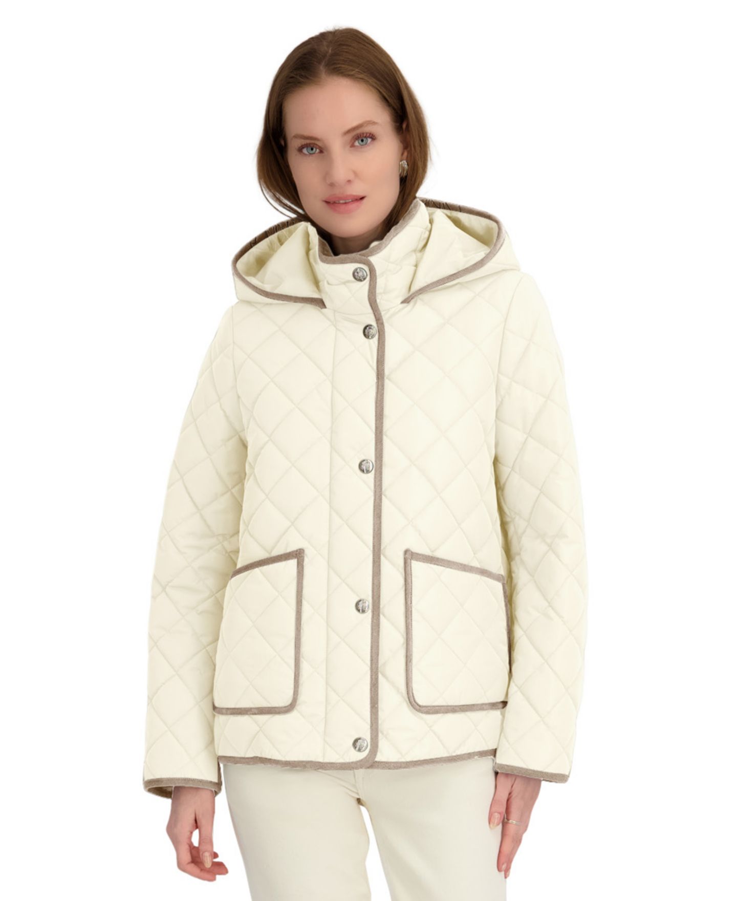 Женское пальто Tahari Hooded Cordouroy Trim Quilted, цвет: Яичная скорлупа — фото 1