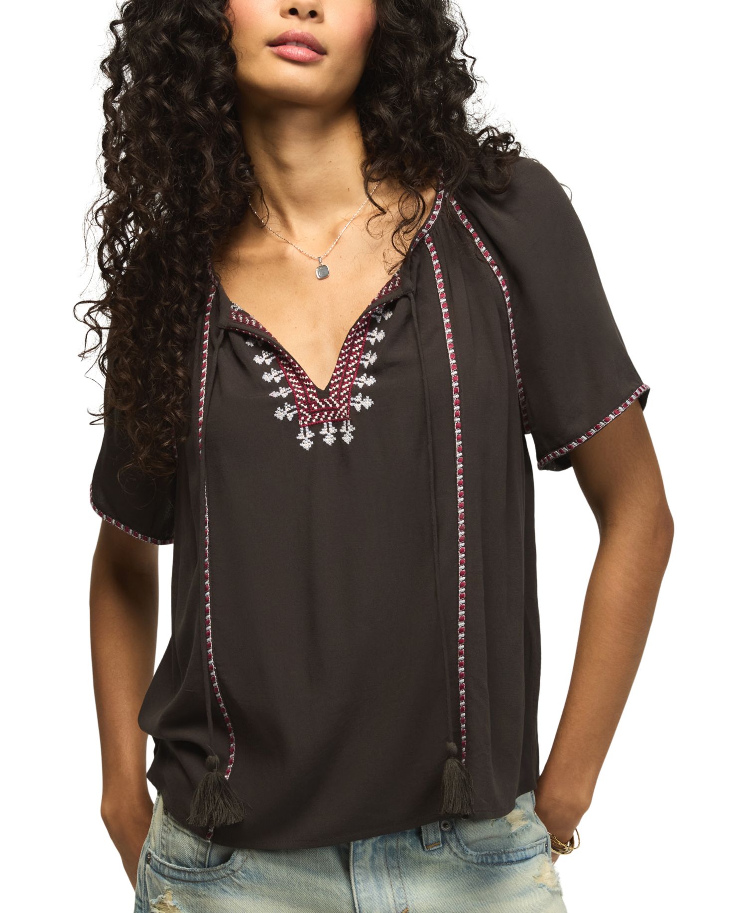 Women's Embroidered Peasant Short-Sleeve Top
