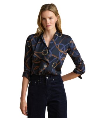 Women's Belting-Print Ruffle-Trim Twill Shirt