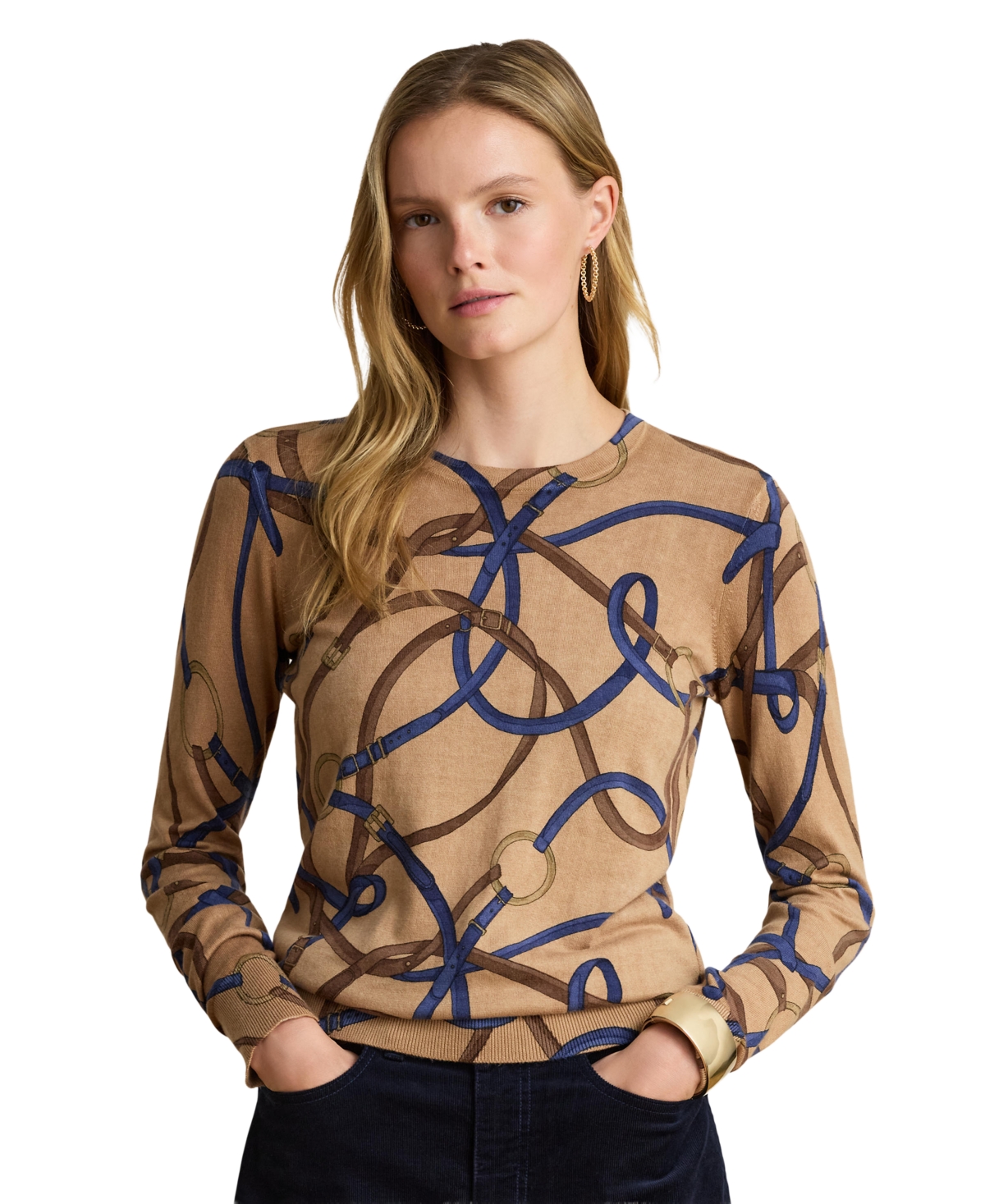 Ralph Lauren Women's Belting-print Cotton-modal Sweater In Camel Multi