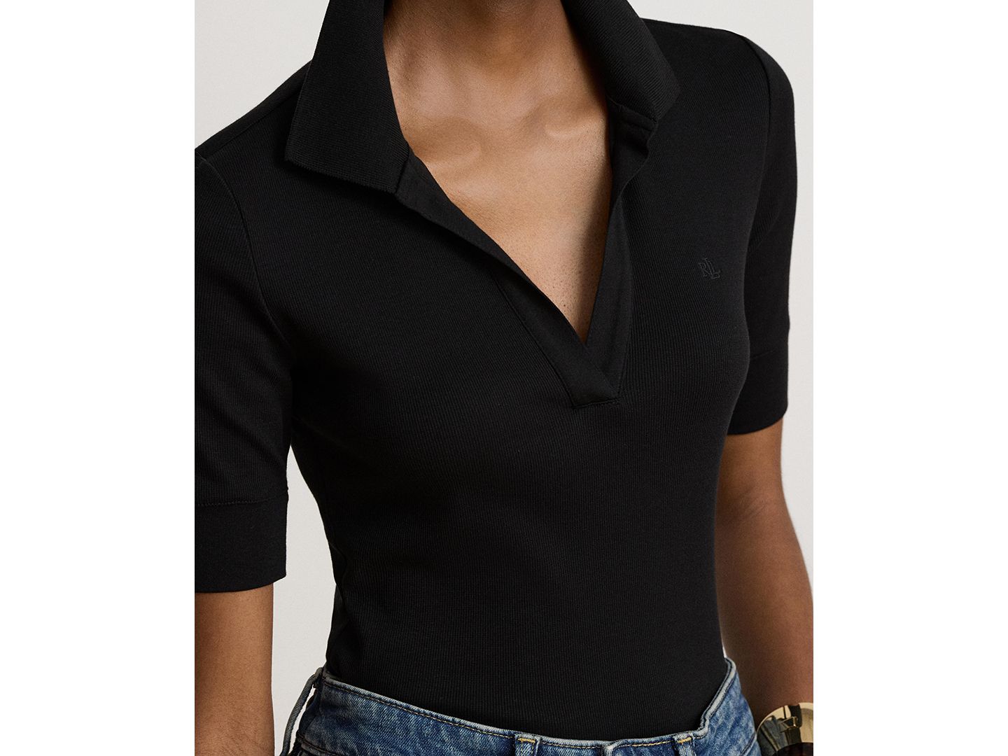 Женский топ Lauren Ralph Lauren Jersey Short-Sleeve Collared Top, цвет: Чёрный — фото 4