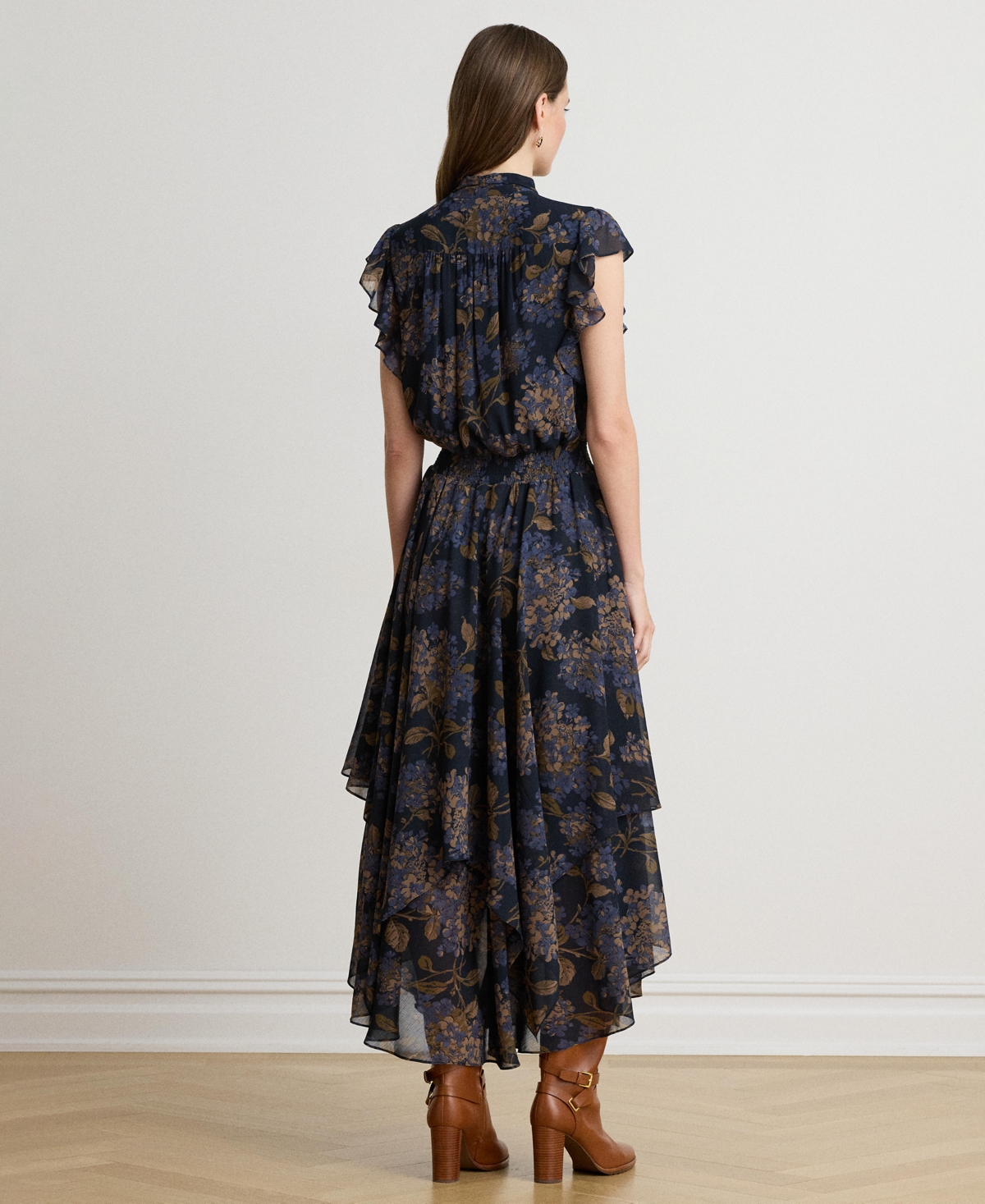 Lauren Ralph Women's Floral Crinkle Georgette Tie-Neck Midi Dress