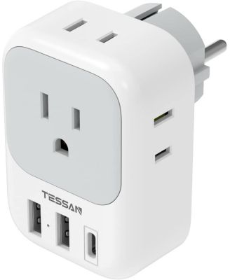 Type E F Plug Adapter, Germany France Power Adapter with 4 AC Outlets and 3 USB Ports 1 USB C for Europe Spain Iceland Korea Greece