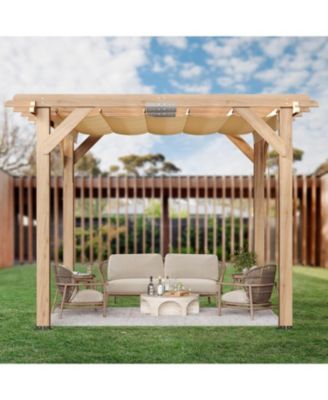 10x10 Feet Cedar Wood Pergola with Retractable Oxford Fabric Roof