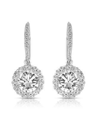 Brilliant Sterling Silver Round CZ Haloed Solitaire Drop Earrings