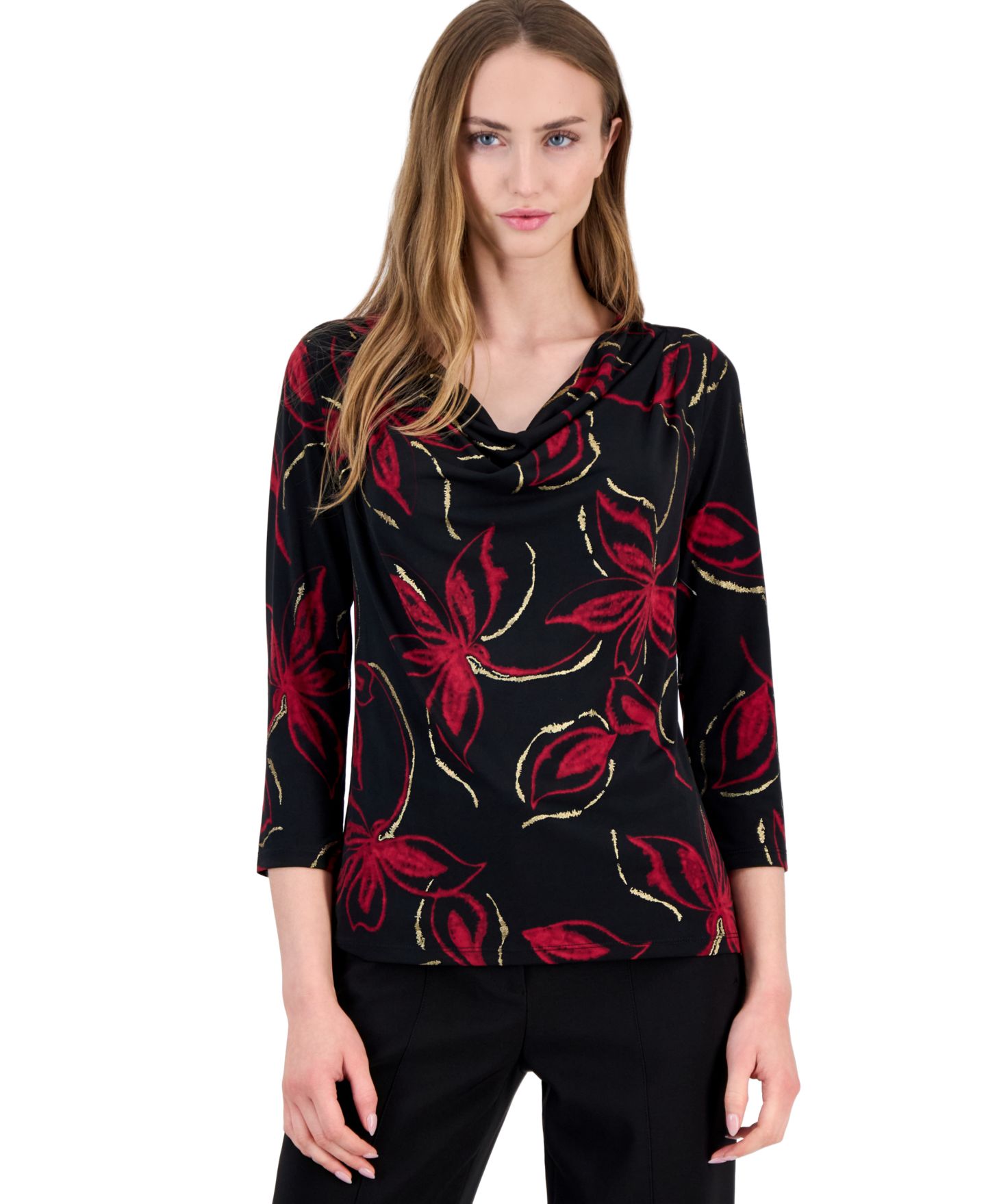 Женская блузка Anne Klein Floral-Print 3/4-Sleeve Cowl Neck, цвет: Чёрный разноцветный — фото 1