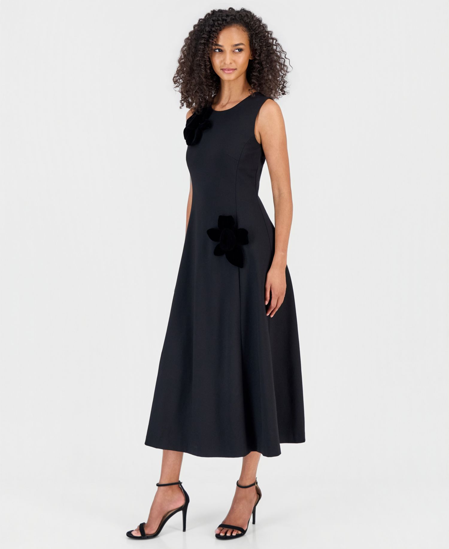 Women's Fit & Flare Velvet-Flower Embellished Midi Dress