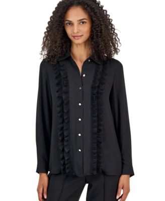 Women's Long-Sleeve Button-Front Ruffle Blouse
