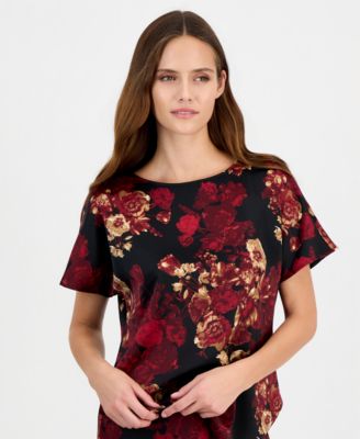 Women's Short-Sleeve Bateau Neck Printed-Satin Blouse
