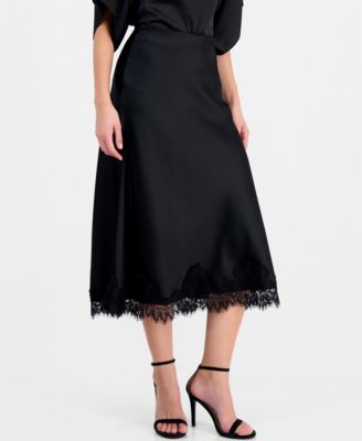 Women's Lace-Trim Midi Satin Skirt