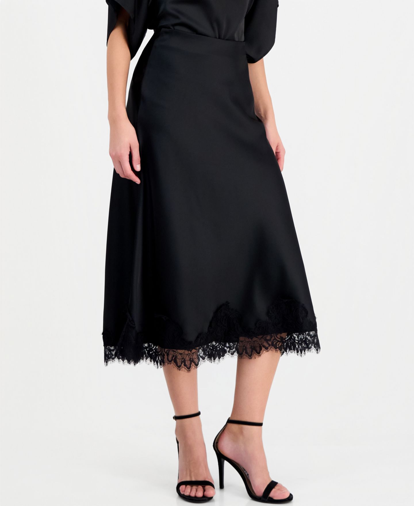 Женская юбка Anne Klein Lace-Trim Midi Satin, цвет: Чёрный — фото 1