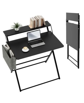 Portable Small Desk No Assembly, 2-Tier Compact Computer Desk with Shelf, Space Saving Foldable Table for Home Office, Bedroom or Apartment
