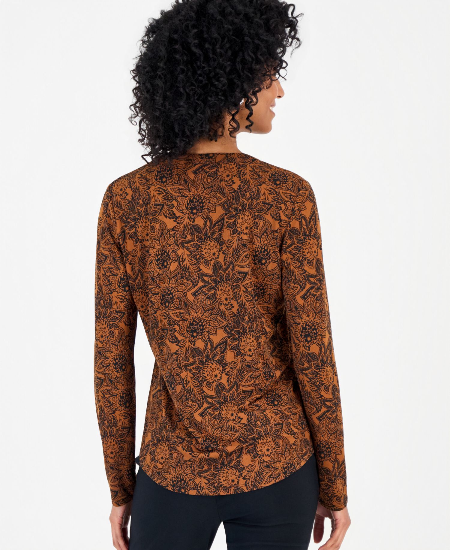 Petite Floral Arrangement V-Neck Zipper-Pocket Long-Sleeve Blouse
