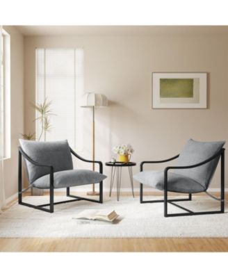 Modern Accent Chairs Set of 2, Large Sling Armchairs with Metal Frame