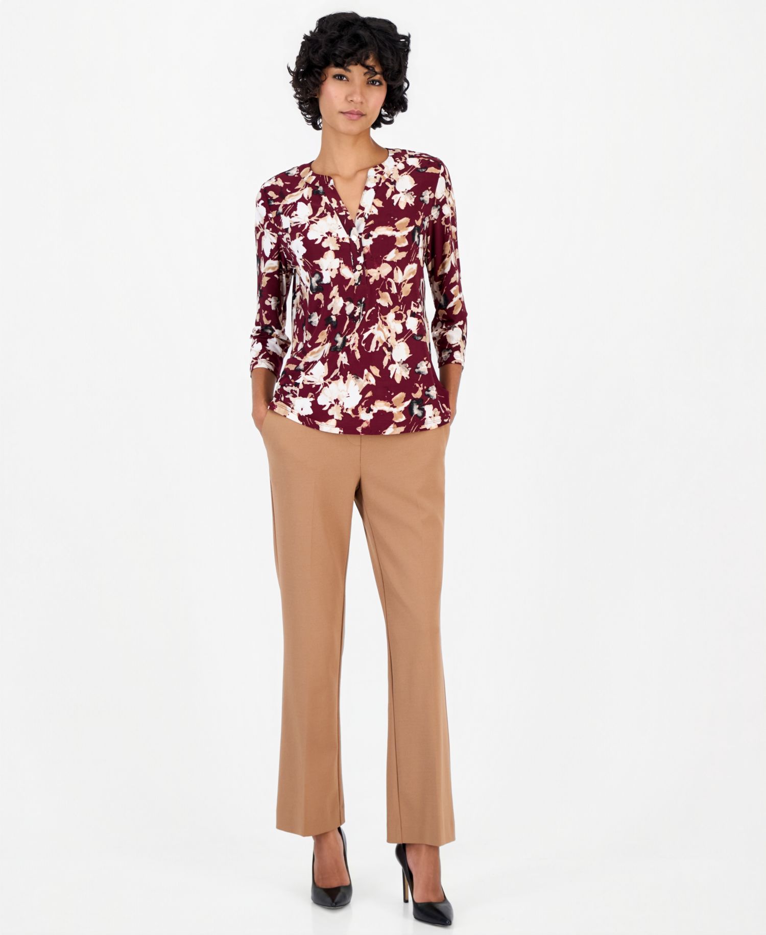 Petite V-Neck 3/4-Sleeve Floral-Print Henley