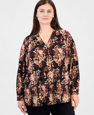 Plus Size Long Sleeve Floral Split Neck Blouse
