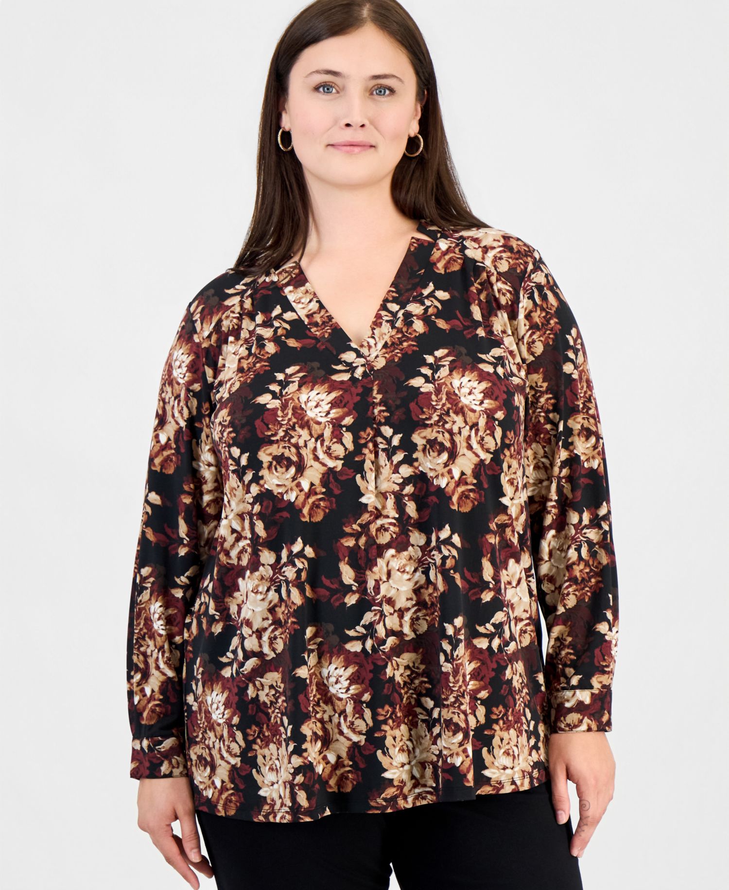 Plus Size Long Sleeve Floral Split Neck Blouse