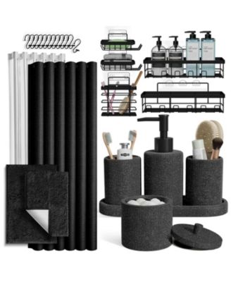 Complete Burlap Texture Polyresin Bathroom Decor and Accessory Set with Shower Curtain, Shower Caddy Set and Bath Rugs