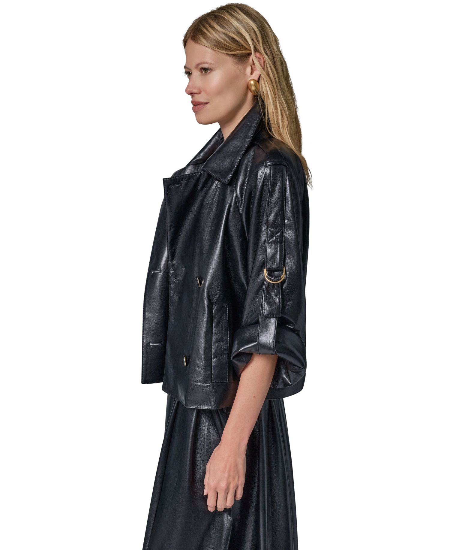 Petite Faux Leather Roll-Sleeve Collared Short Jacket