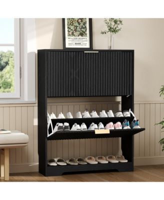Entryway Shoe Storage Cabinet with double Flip Drawers, Wooden Shoe Organizer Cabinet with Adjustable Shelf, Slim Freestanding Shoe Rack