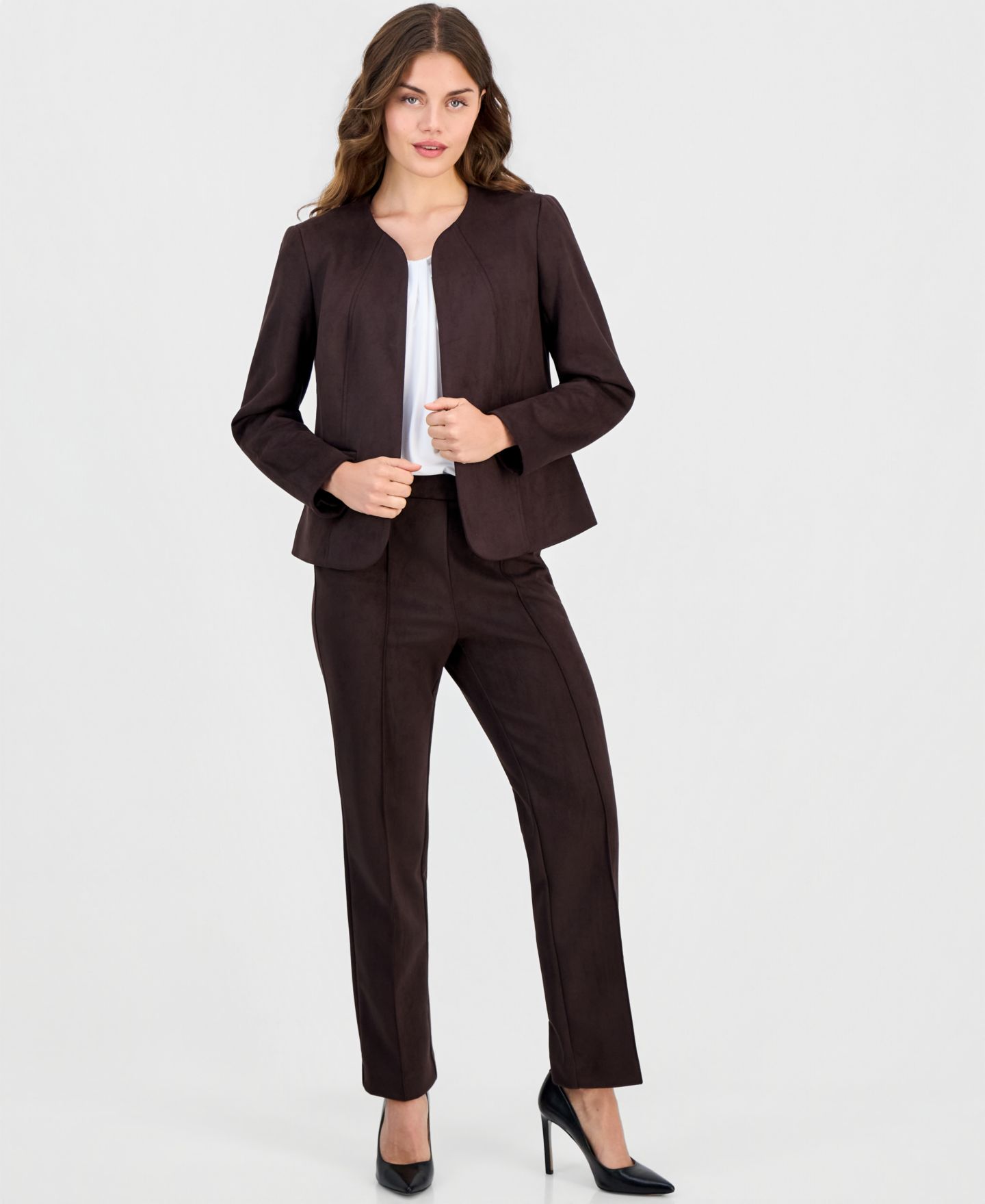 Женская куртка Anne Klein Essentials Petite Scuba Suede Open-Front, цвет: Глубокий красное дерево — фото 4