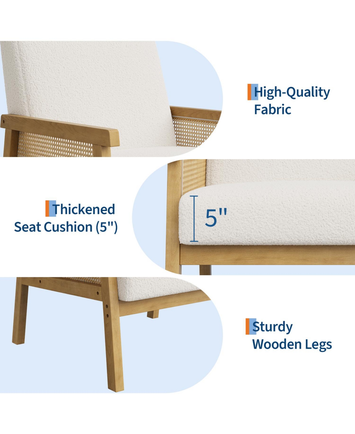 homfan Modern Rattan Accent Chair for Living Room – Upholstered Sofa with High Back – Wooden Frame – Comfortable Reading Leisure Chair
