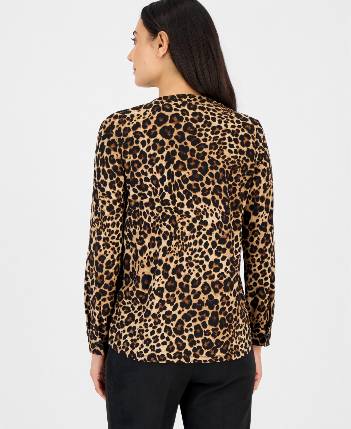 Anne Klein Essentials Petite Long-Sleeve Leopard-Print Blouse