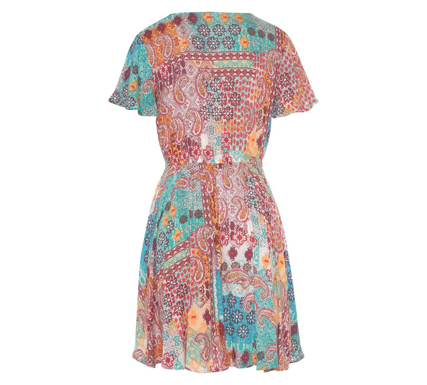 Женское платье LASCANA Viscose Patchwork Print A-Line V-Neck Elastic-Waist Short, цвет: Разноцветный с принтом — фото 7