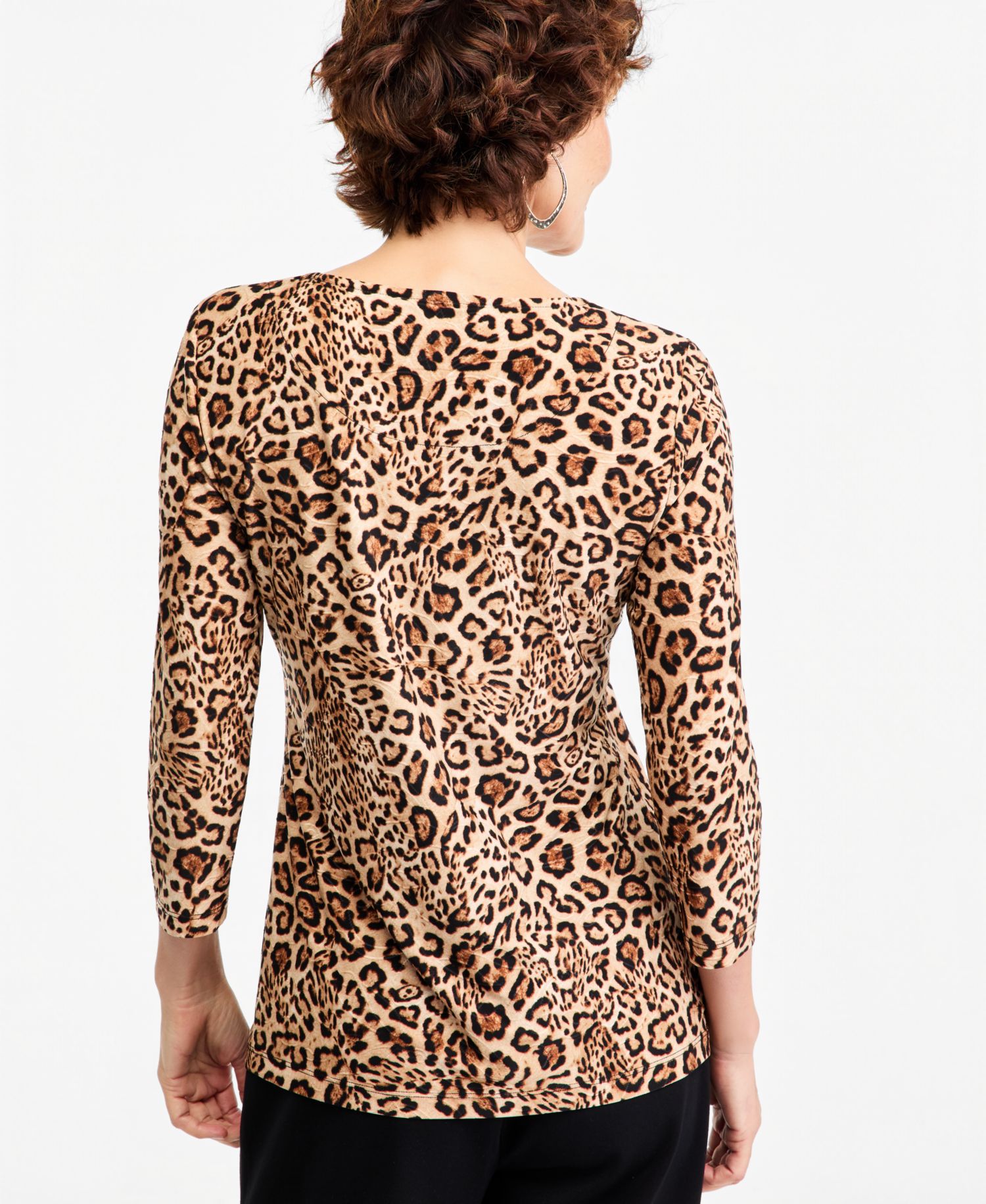 Petite Leopard-Print 3/4-Sleeve Scoop-Neck T-Shirt
