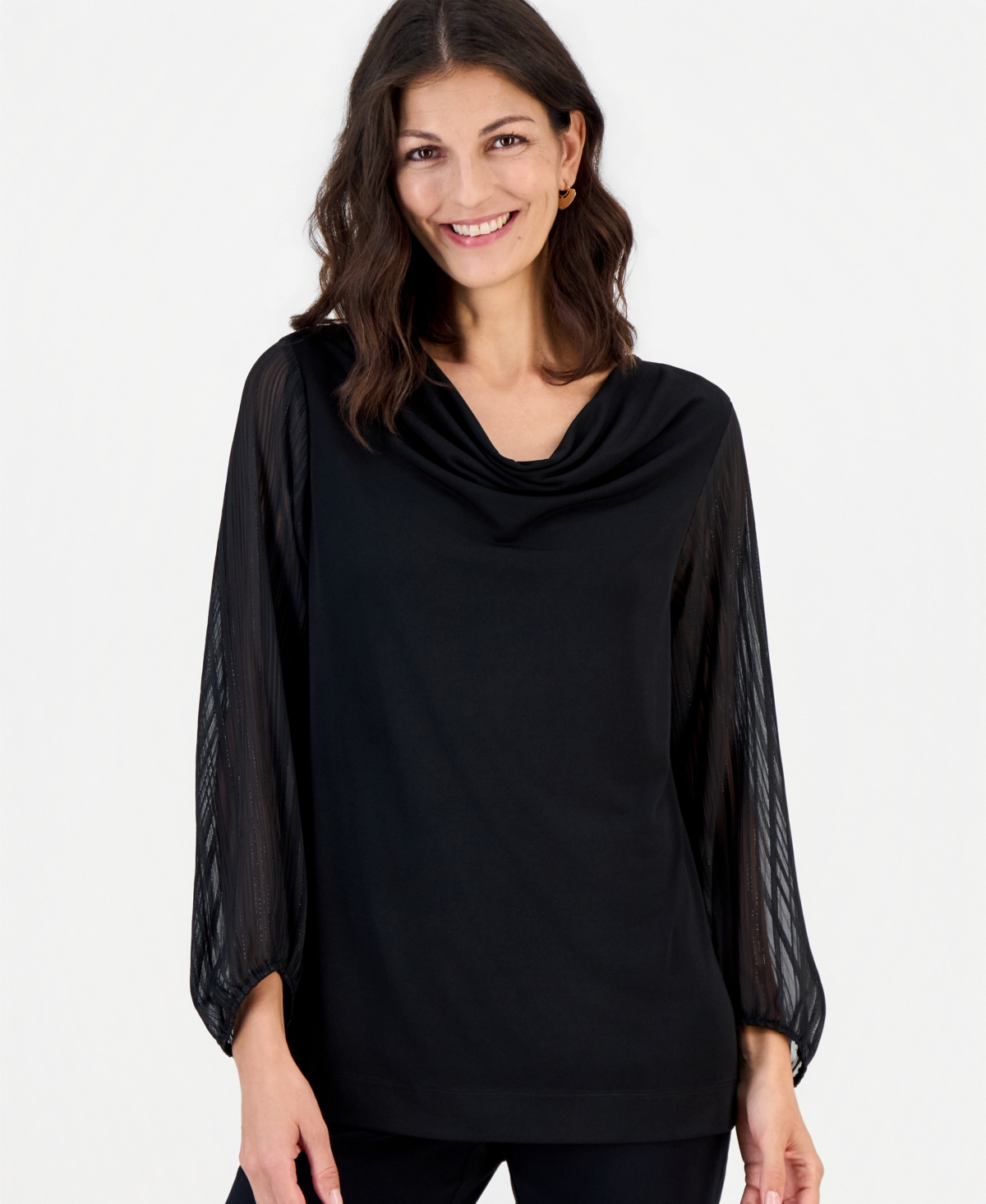 Jm Collection Women's Long-Sleeve Cowl-Neck Lurex Stripe Blouse, Macy's Exclusive - Deep Black