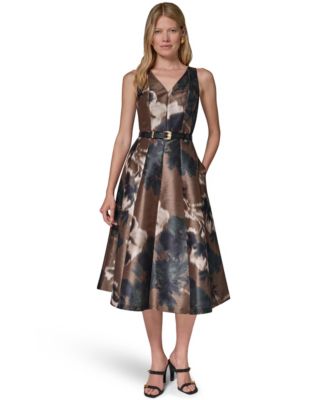 Women's Dupion Print Belted Midi Dress