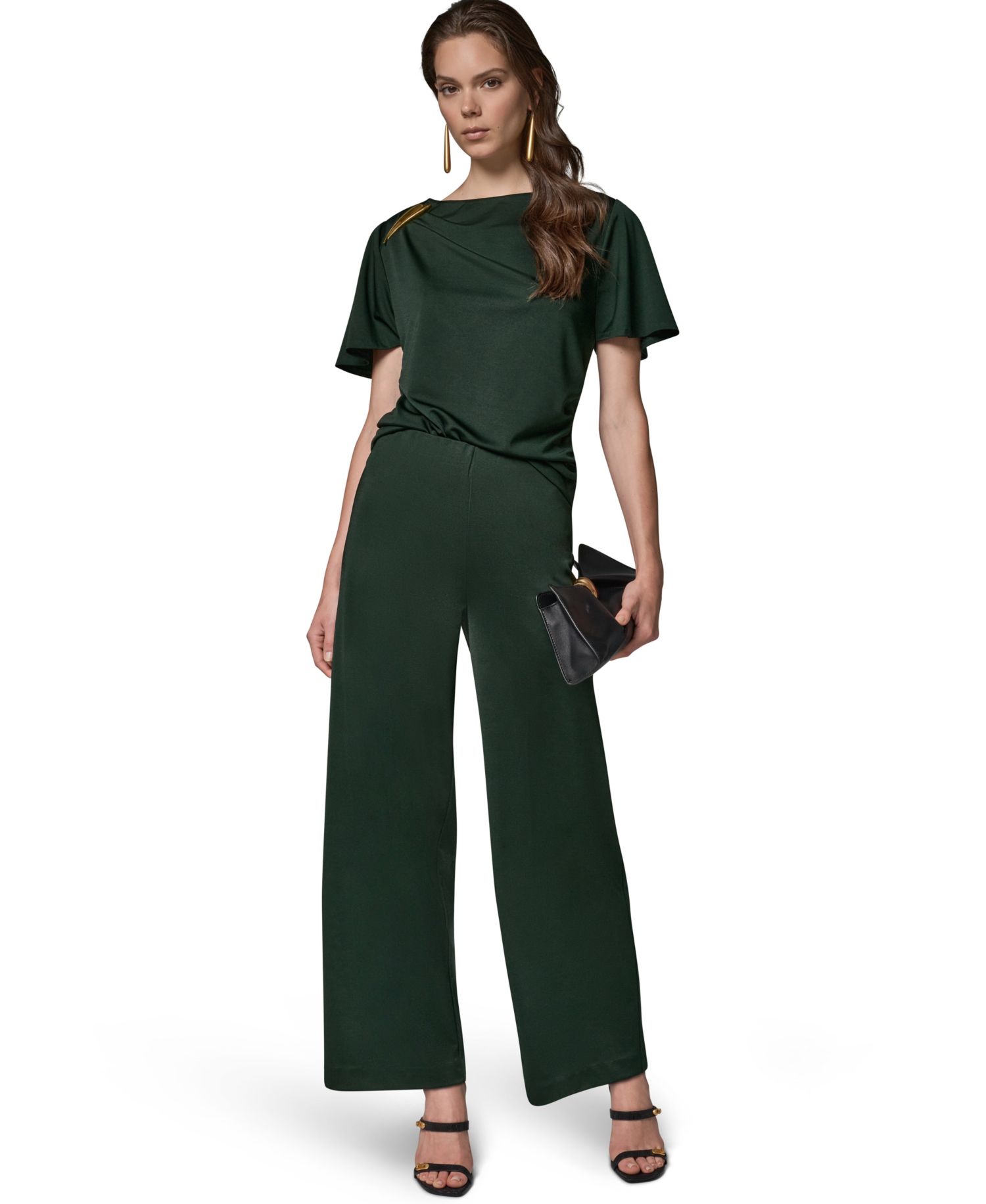 Women's Ruched Side Short-Sleeve Top & Wide-Leg Pull-On Pants