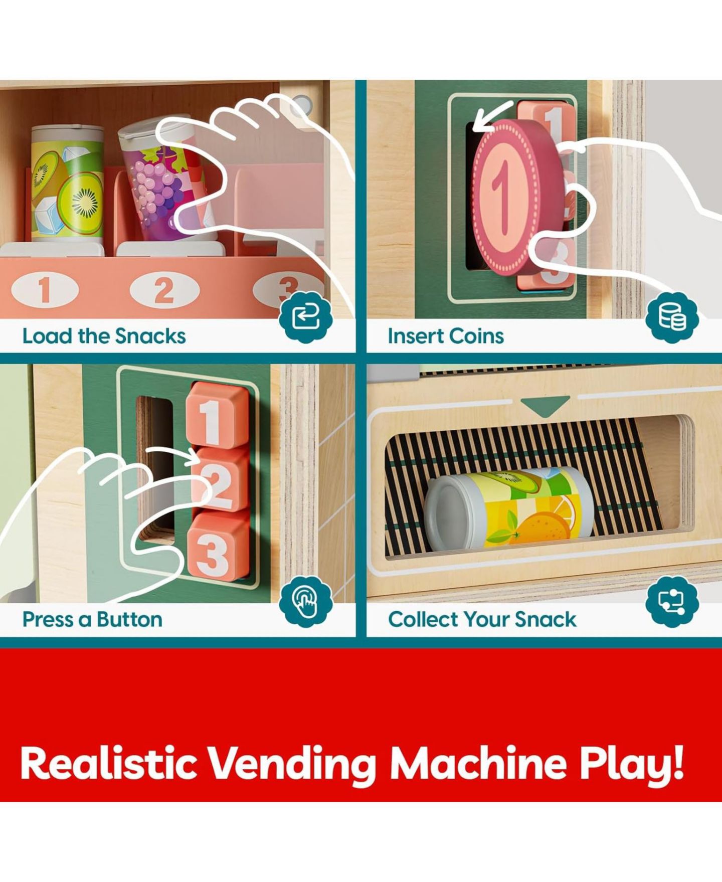 Детские игрушки TOP BRIGHT 10PCS Play Food Wooden Vending Machine For Kids Pretend Play Toys With Wooden Snack Bars and Drink Cans Play Set For Boys Girls, цвет: Зелёный — фото 6