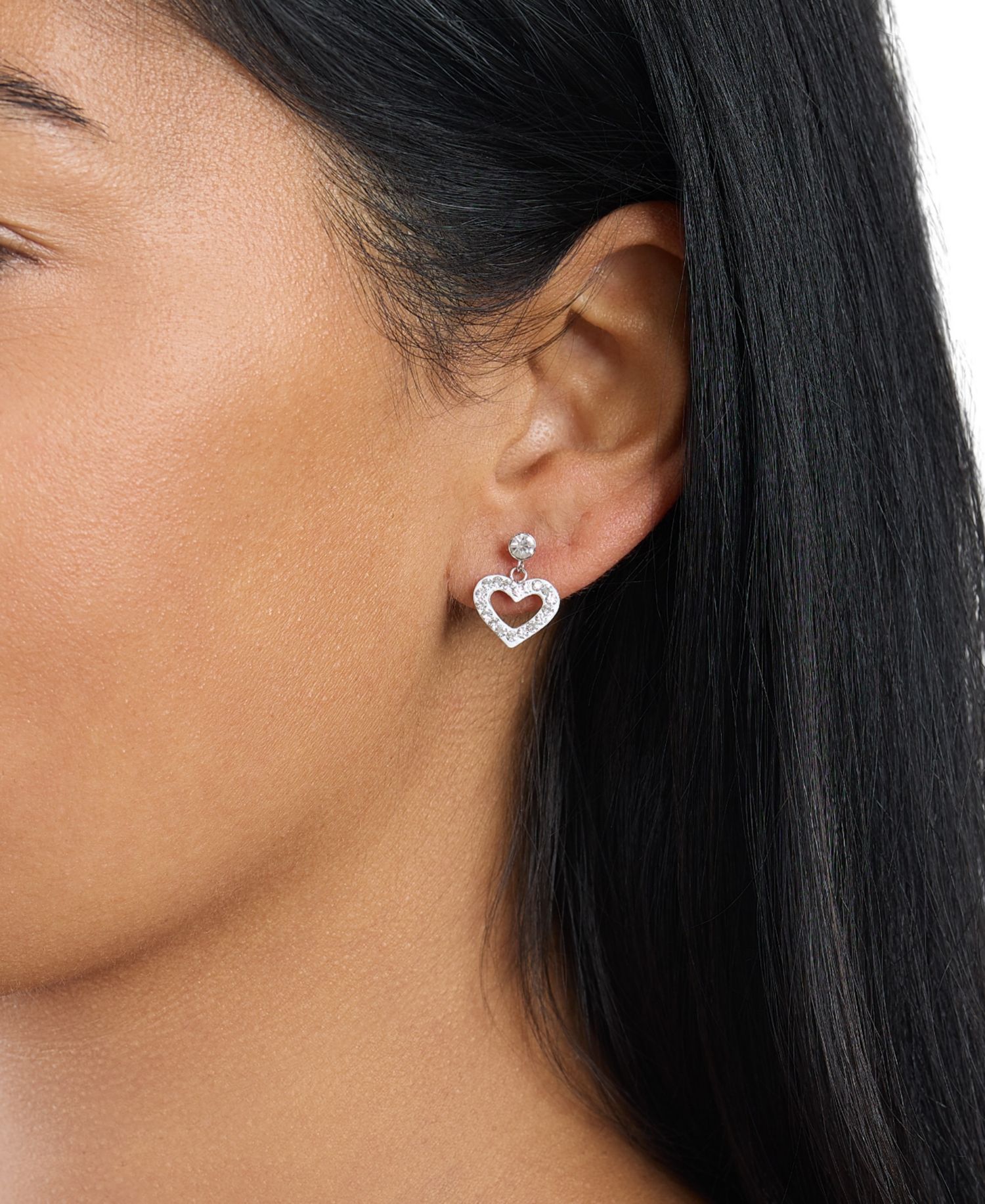 Sterling Silver Crystal Pave Open Heart Dangle Earrings