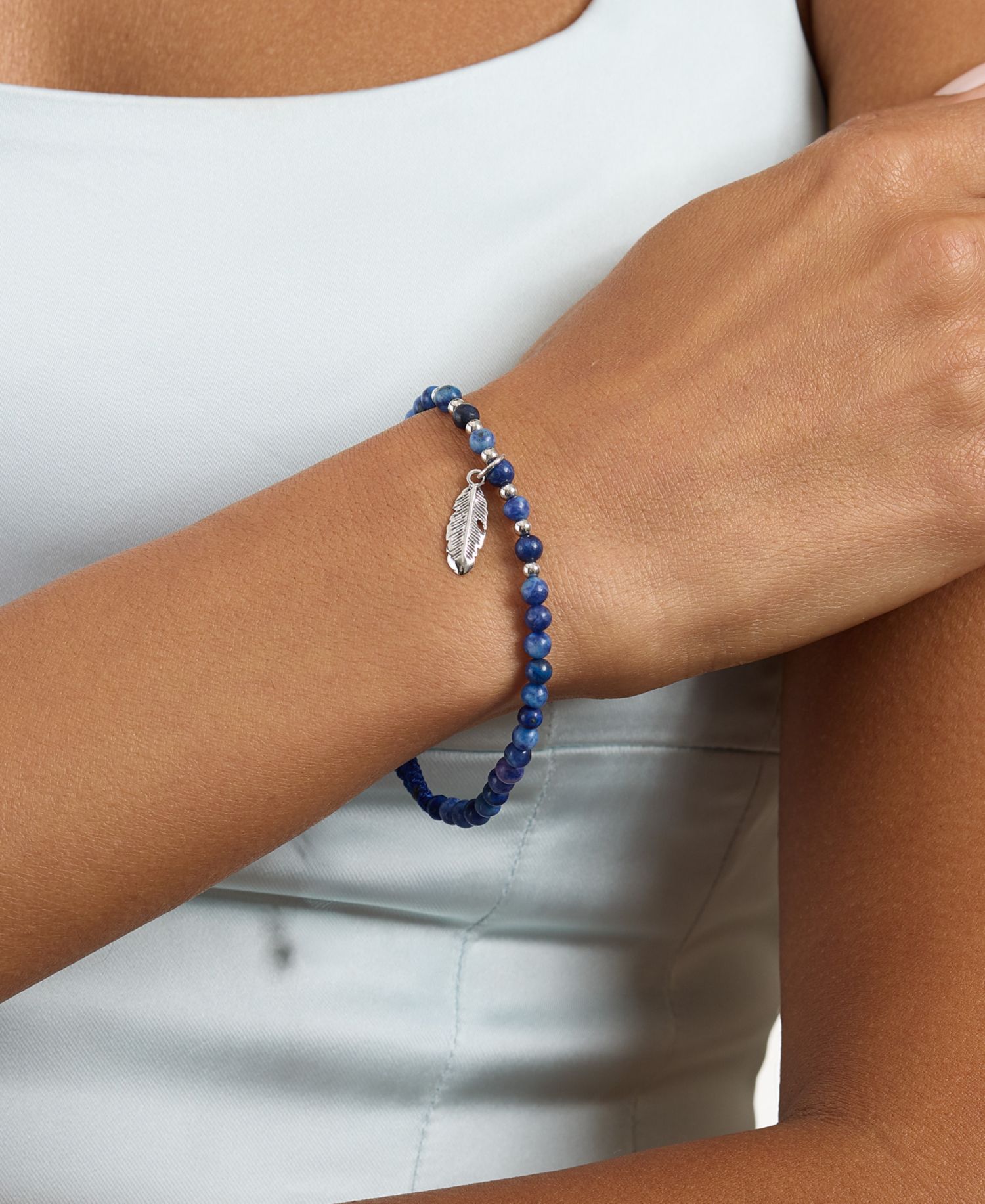 Sterling Silver Feather Charm Stone Beaded Rope Bracelet
